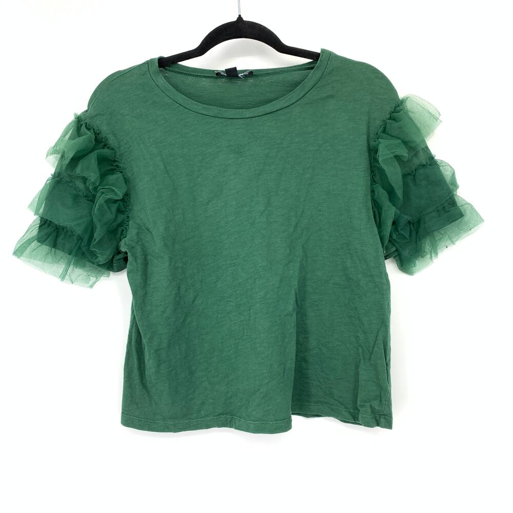 Lea & Viola Dressy T-Shirt Womens Size Medium Green Tulle Short Ruffle Sleeves